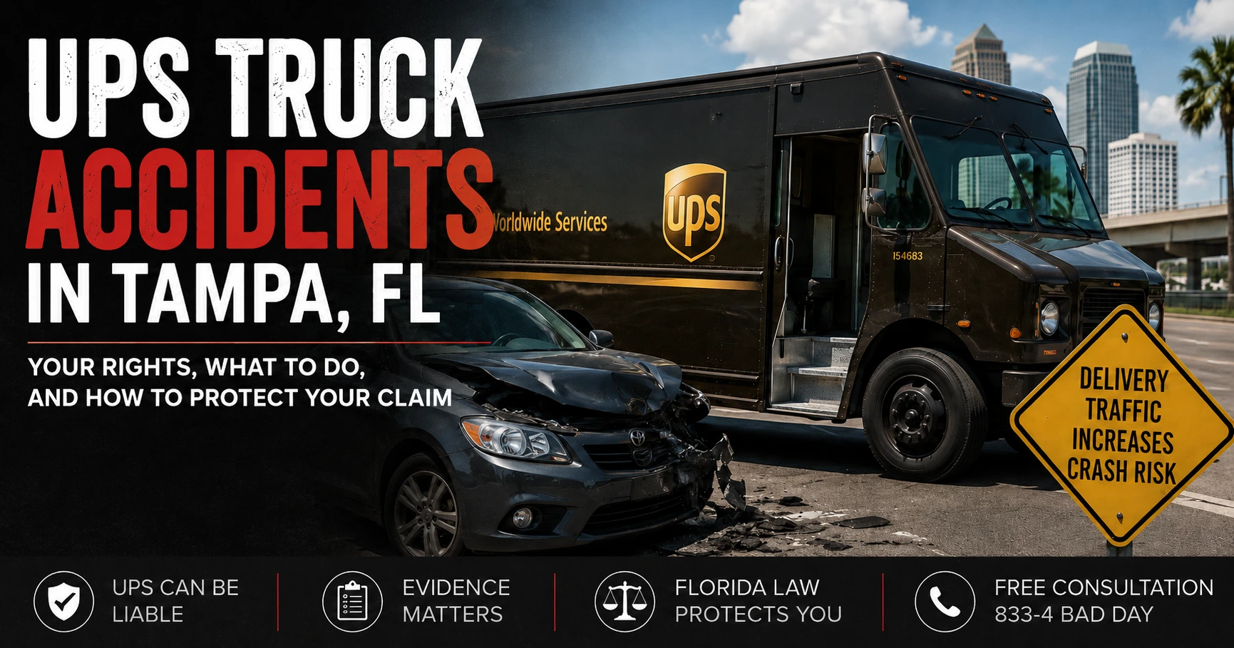 UPS truck accident in Tampa, FL showing a delivery truck and damaged car, for illustrative purposes only