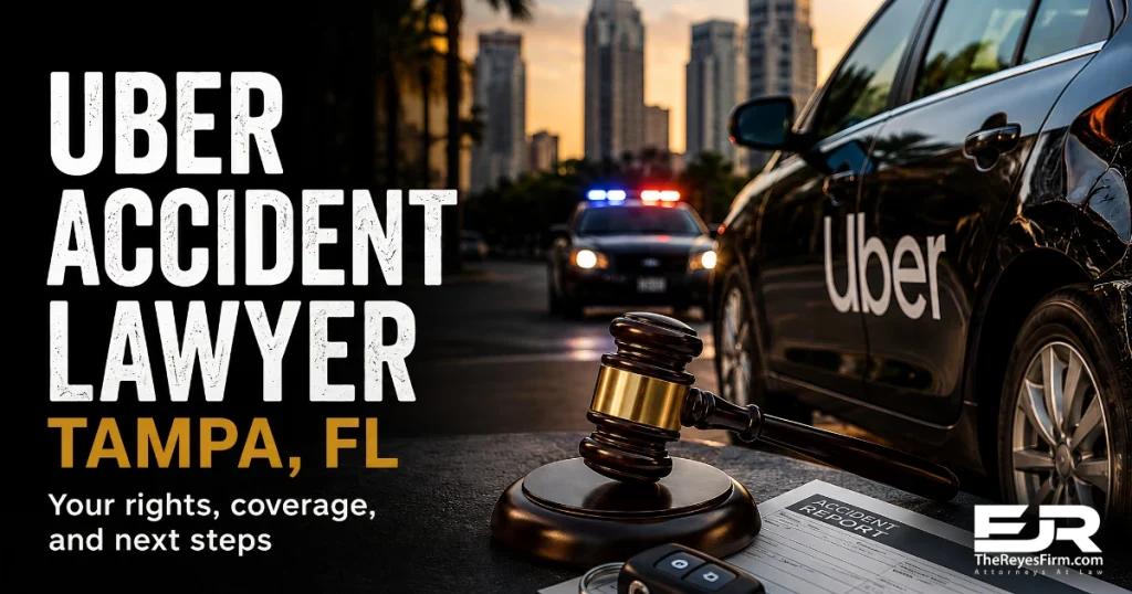 Featured image for an Uber accident lawyer Tampa FL article showing a damaged rideshare vehicle, police lights, gavel, and accident report to represent legal help after an Uber crash.