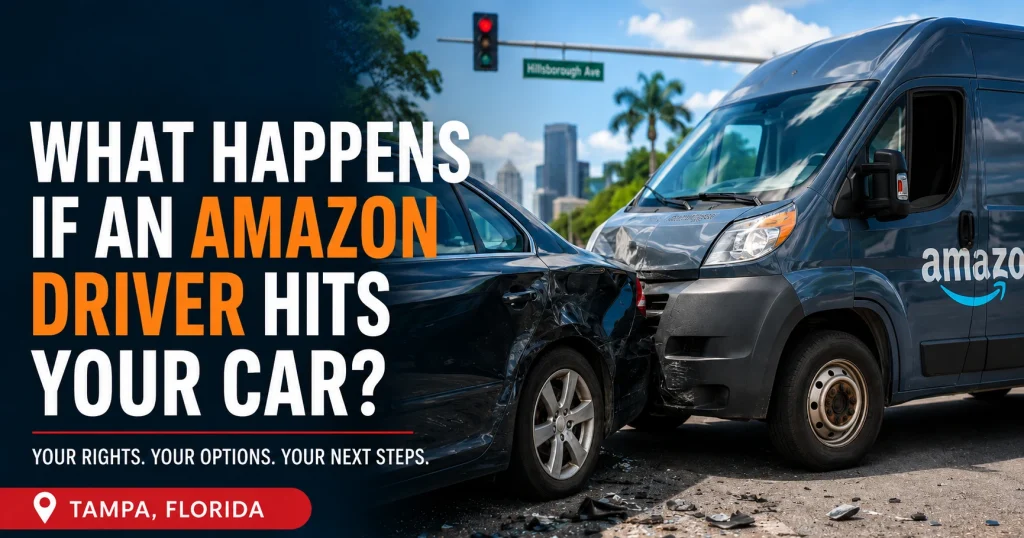 Amazon delivery van near a damaged car after a collision in Tampa, Florida, for illustrative purposes only.