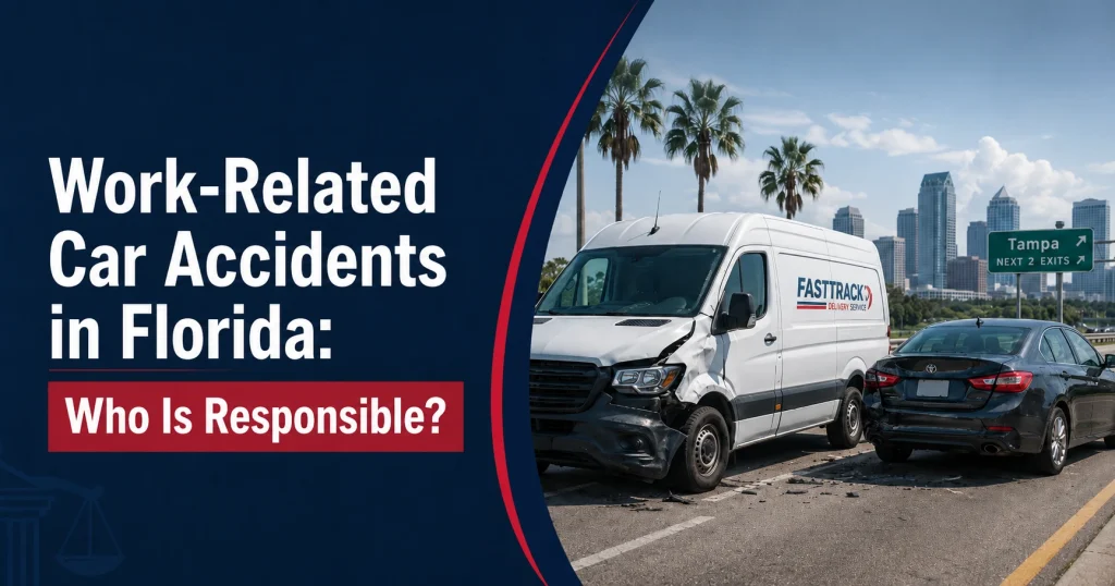 Featured image for a blog about work-related car accidents in Florida, showing a company delivery van and car crash in Tampa with the question of who may be responsible after a work-related crash.