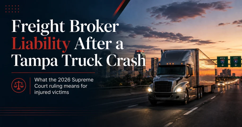 Commercial semi-truck driving on a Tampa-area interstate at dusk, illustrating freight broker liability after a serious truck crash.