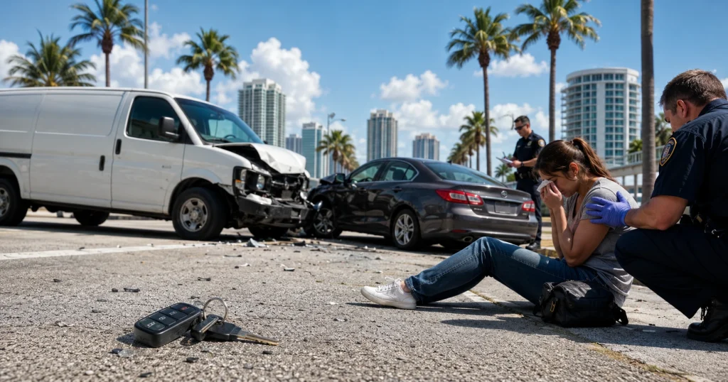 Tampa company vehicle crash scene involving borrowed car and injured victim pursuing negligent entrustment claim, for illustrative purposes only