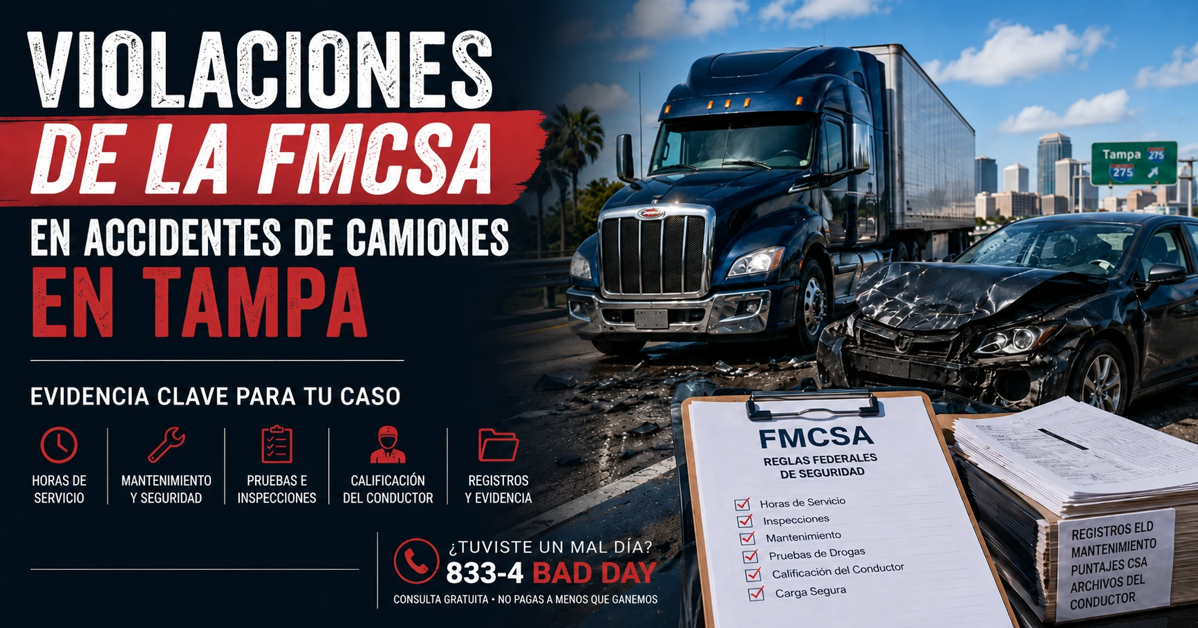 Imagen destacada sobre violaciones de la FMCSA en accidentes de camiones en Tampa, mostrando un camión comercial, un choque de vehículo y evidencia clave como registros ELD, mantenimiento e inspecciones.