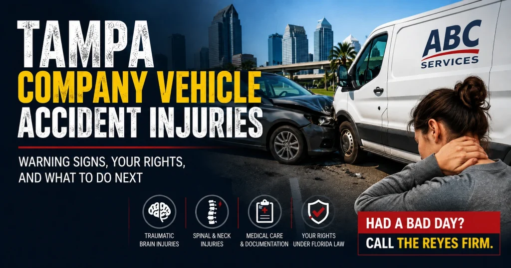 Featured image for a Tampa company vehicle accident injuries blog showing a company van crash scene, an injured person with neck pain, and injury-related legal topics.