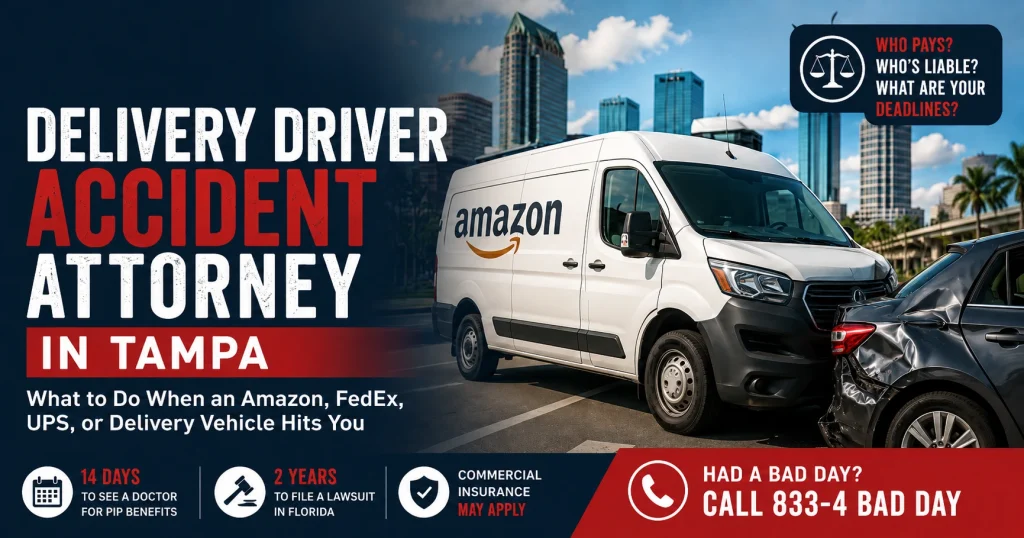 Delivery driver accident attorney in Tampa featured image showing a delivery van crash with a passenger car, for The Reyes Firm personal injury blog.