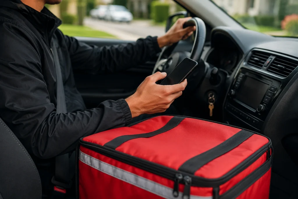 Delivery driver holding a phone inside a car with a red insulated delivery bag on the passenger seat, showing possible personal insurance issues during delivery work.