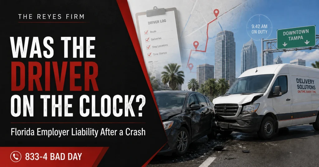 Featured image for The Reyes Firm showing a delivery van and passenger car crash in Tampa with driver log and route details, illustrating how employer liability may be investigated when a driver may have been on the clock.