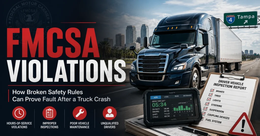 Featured image showing FMCSA violations, a commercial truck, ELD log evidence, and driver inspection records for a Tampa truck accident article, for illustrative purposes only.
