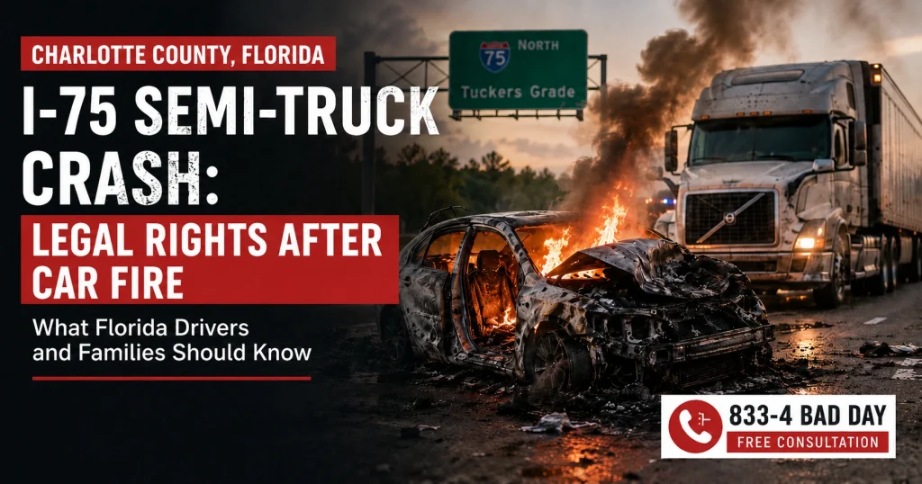Featured image showing a semi-truck crash and vehicle fire on I-75 near Tuckers Grade in Charlotte County, Florida, for an article about legal rights after a Florida truck accident.