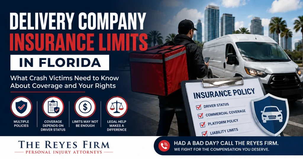 Featured image for a blog about delivery company insurance limits in Florida, showing a delivery driver, delivery van, insurance policy checklist, and The Reyes Firm branding.