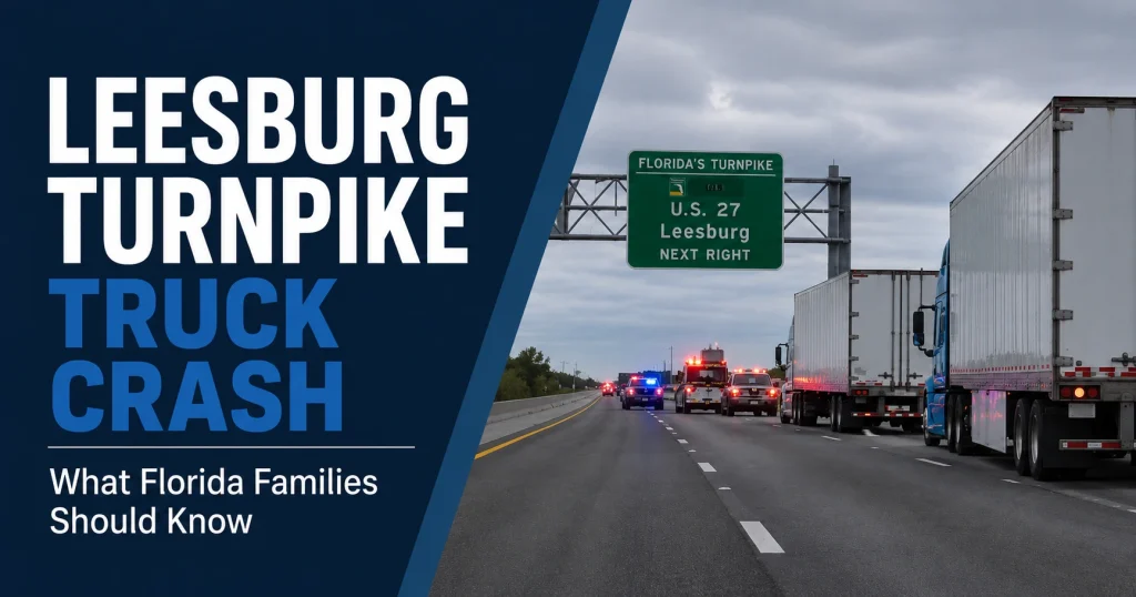 Featured image for an article about a reported semi-truck crash on southbound Florida’s Turnpike near U.S. 27 in Leesburg, Florida, explaining what families should know after a serious commercial vehicle crash.