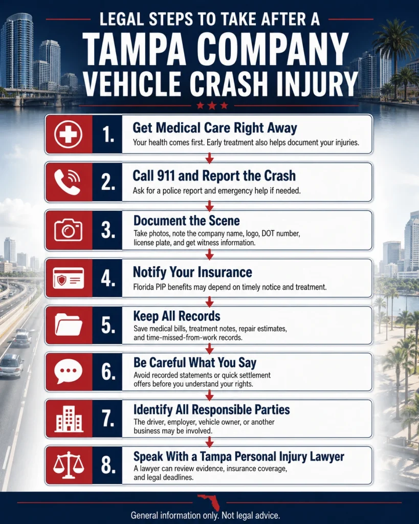 Flowchart showing legal steps to take after a Tampa company vehicle crash, including medical care, reporting the crash, documenting evidence, notifying insurance, keeping records, and speaking with a personal injury lawyer.
