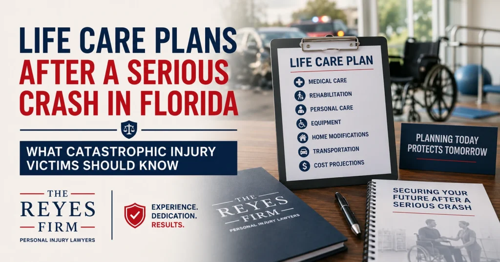 Featured image for a blog about life care plans after catastrophic injuries in Florida, showing a life care planning checklist, rehabilitation setting, and The Reyes Firm branding.