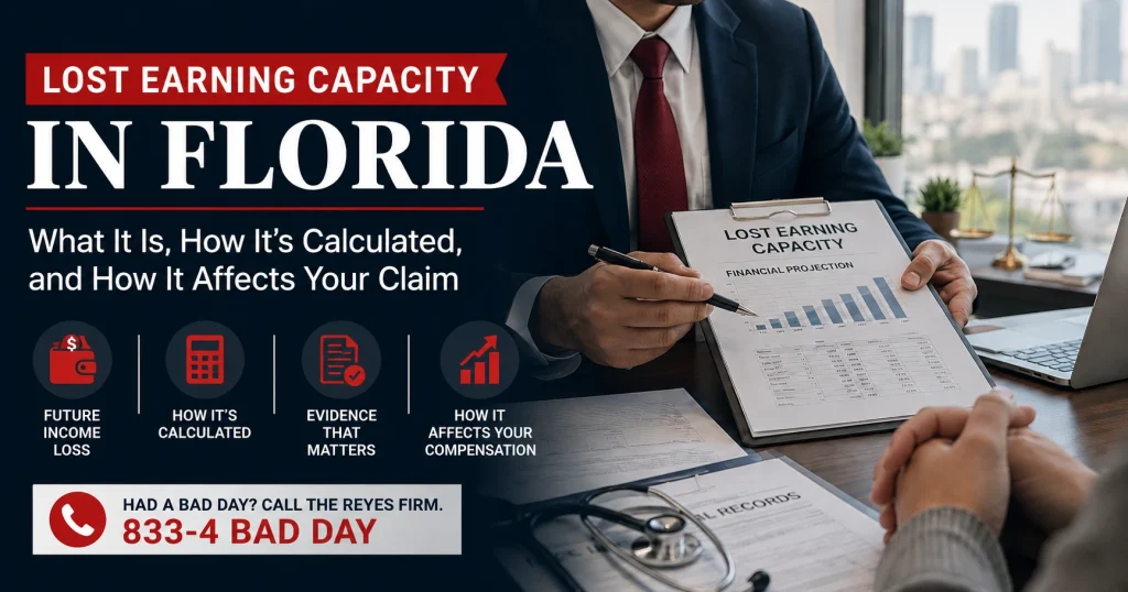 Featured image for a Florida personal injury blog about lost earning capacity, showing a legal consultation with financial projection documents and future income loss details.