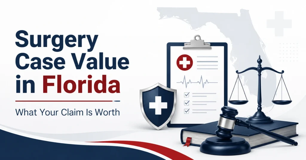 Featured image for a Florida personal injury blog about surgery case value, showing medical records, a shield, scales of justice, a gavel, and a Florida background, for illustrative purposes only.