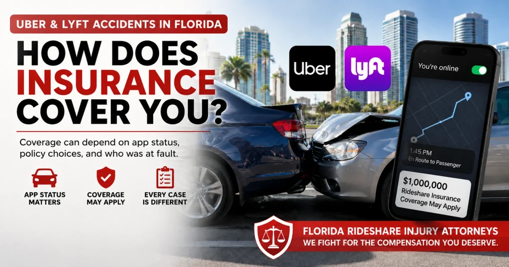 Featured image for a Florida rideshare accident article explaining how Uber and Lyft insurance coverage may depend on app status, policy choices, and fault after a crash.