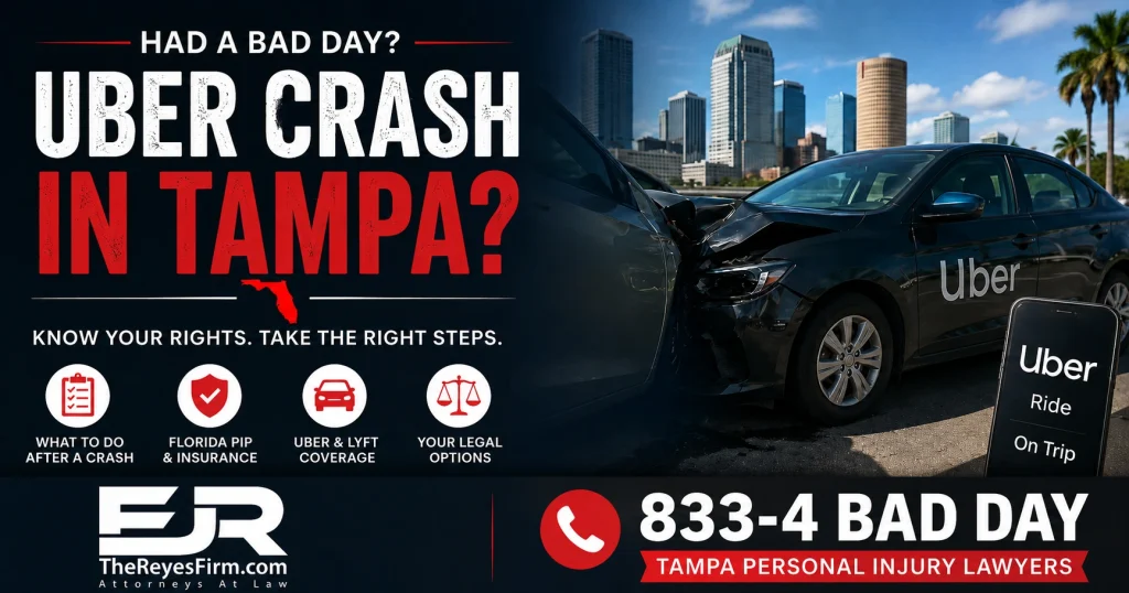 Featured image for a Tampa Uber crash guide by The Reyes Firm, showing a rideshare accident scene with legal help information, Florida PIP coverage, Uber and Lyft insurance, and the phone number 833-4 BAD DAY.