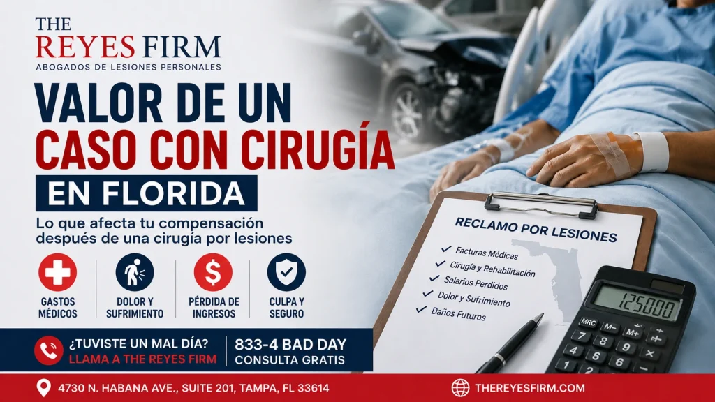 Valor de un caso con cirugía en Florida después de un accidente, con paciente en hospital, choque de auto, reclamo por lesiones y factores como gastos médicos, dolor, pérdida de ingresos, culpa y seguro.
