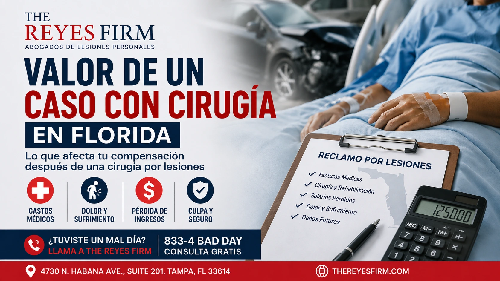 Valor de un caso con cirugía en Florida después de un accidente, con paciente en hospital, choque de auto, reclamo por lesiones y factores como gastos médicos, dolor, pérdida de ingresos, culpa y seguro.