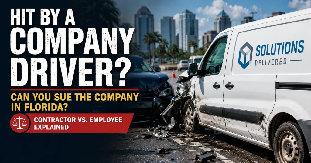 Featured image for The Reyes Firm blog about whether you can sue a company if their driver hit you in Florida, showing a company vehicle crash and contractor vs. employee liability topic.