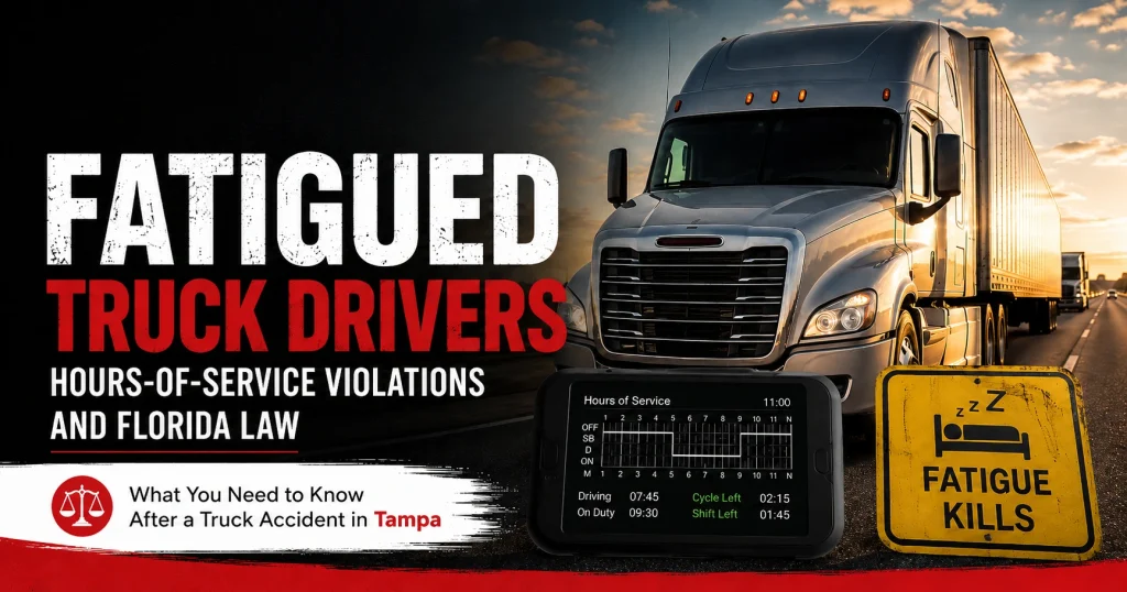 Featured image showing a semi-truck on a highway with fatigue and hours-of-service violation graphics, illustrating truck driver fatigue risks in Tampa, Florida.