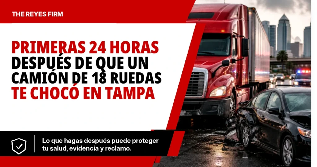 Imagen destacada en español de The Reyes Firm sobre qué hacer en las primeras 24 horas después de que un camión de 18 ruedas te chocó en Tampa, con un camión rojo y un auto dañado en la escena del choque.
