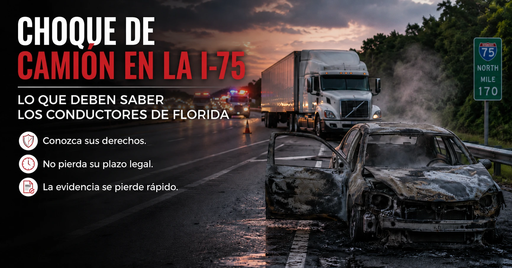 Camión semirremolque y automóvil quemado en la I-75, con vehículos de emergencia al fondo, para fines ilustrativos únicamente.