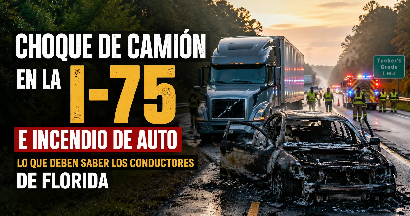 Ilustración de un choque de camión en la I-75 con un auto incendiado y equipos de emergencia en Florida, solo para fines ilustrativos.