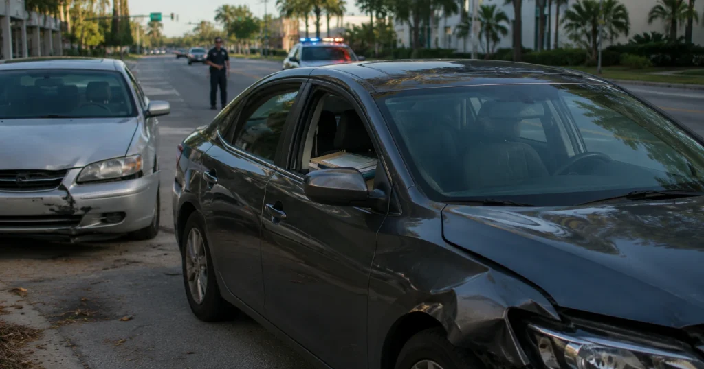 Unmarked personal sedan stopped after a minor Tampa crash while being used for a work errand.