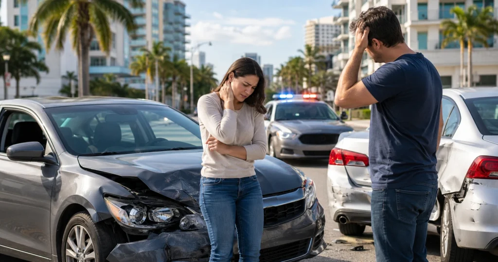 Injured passenger beside a damaged rideshare vehicle after an Uber accident in Tampa, for illustrative purposes only.