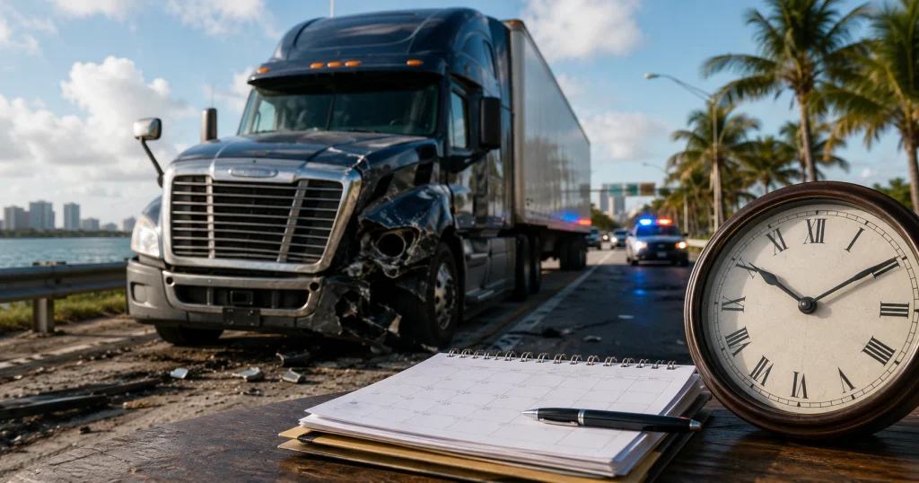 Camión comercial dañado junto a una carretera de Florida, con un reloj y calendario que representan el plazo para presentar una demanda, solo para fines ilustrativos.