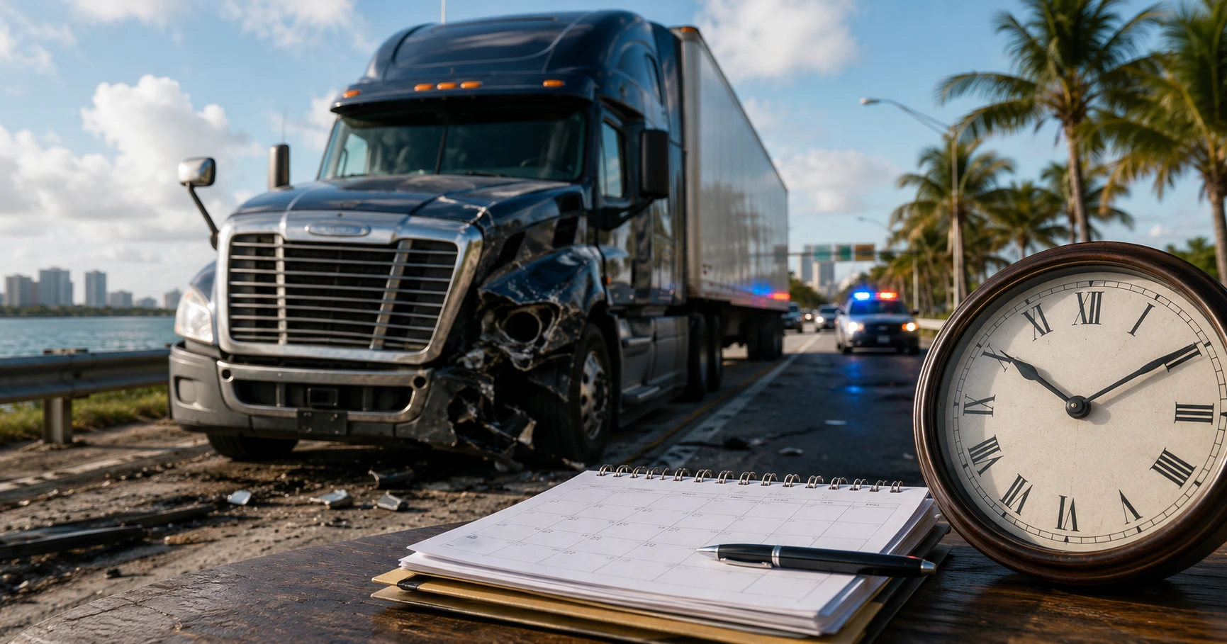 Camión comercial dañado junto a una carretera de Florida, con un reloj y calendario que representan el plazo para presentar una demanda, solo para fines ilustrativos.