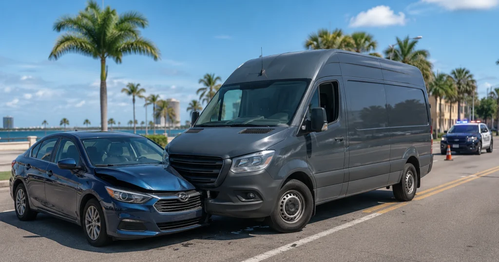 Amazon delivery truck accident attorney featured image showing an unbranded delivery van and passenger car after a crash in Tampa, Florida, for illustrative purposes only.