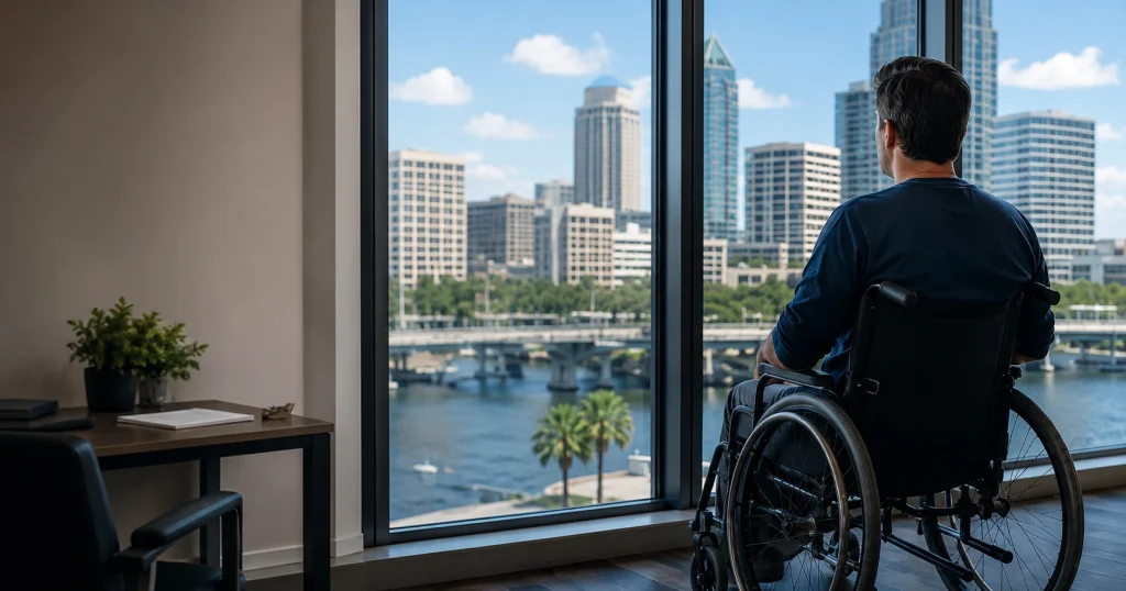 A person using a wheelchair looks toward the Tampa skyline while considering how to choose a catastrophic injury lawyer in Tampa, for illustrative purposes only.