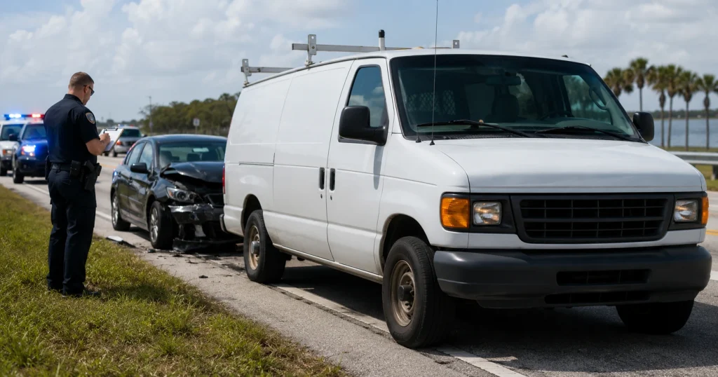 Unmarked white work van involved in a Florida roadside crash investigation with police at the scene, for illustrative purposes only.