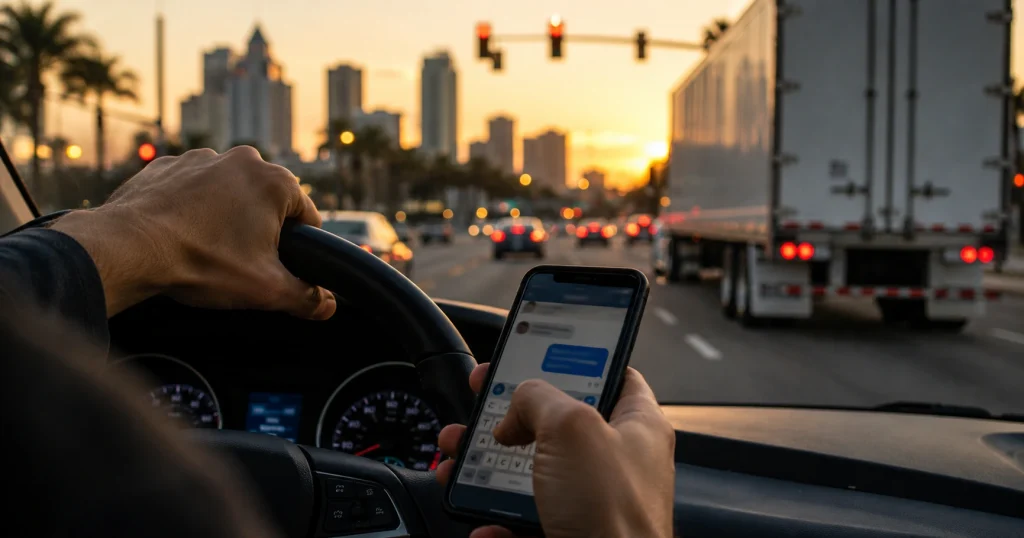 Truck driver using a cell phone near commercial trucks on a Tampa roadway, for illustrative purposes only.