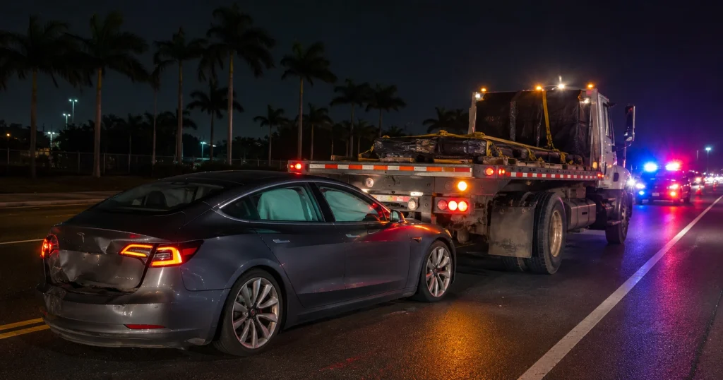 Illustration of a gray electric sedan and a flatbed commercial truck at a nighttime crash scene in South Florida, for illustrative purposes only. This is not a photograph of the June 25, 2026, Homestead crash.