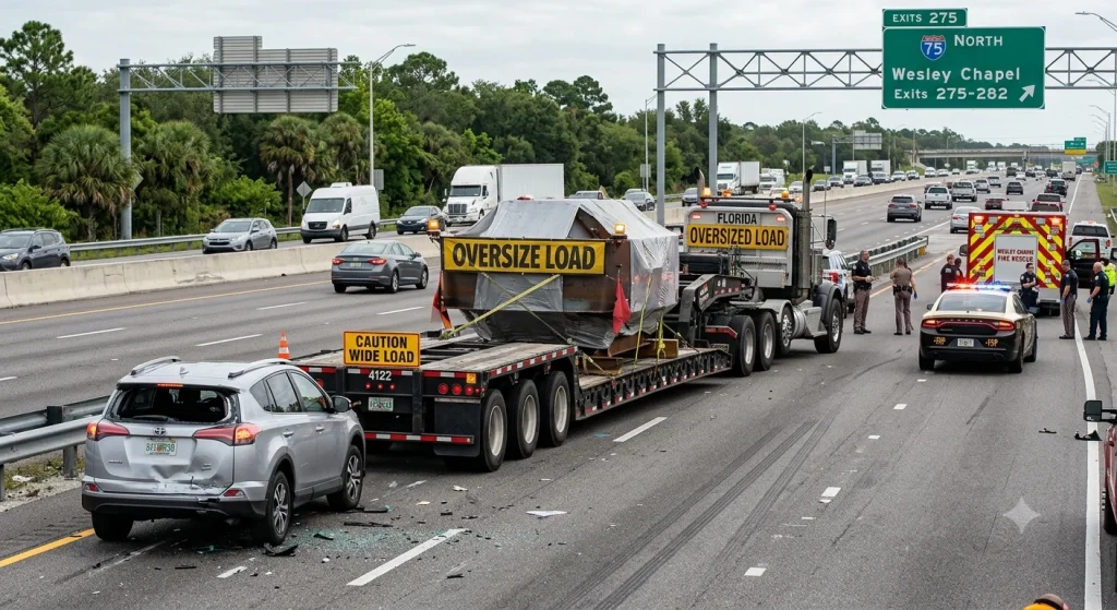 Oversized semi-truck trailer on I-75 near Wesley Chapel with damaged passenger SUV, for illustrative purposes only.