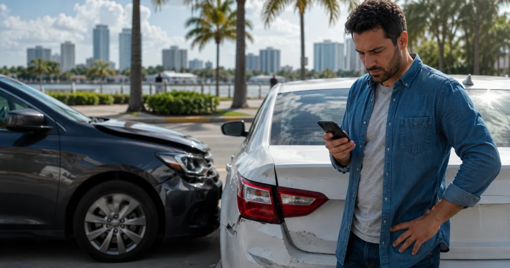 Illustrative image of a concerned driver checking his phone beside two damaged cars after a rideshare accident in Tampa, Florida.
