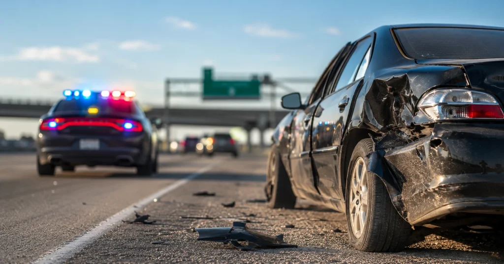 Damaged car with emergency lights on a highway representing an I-4 police pursuit crash in Tampa, for illustrative purposes only