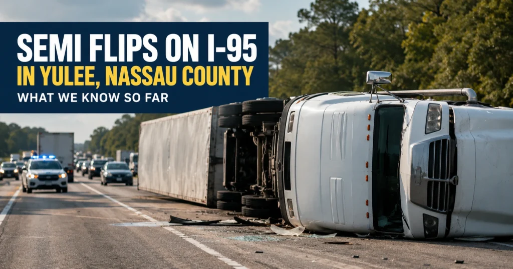 Overturned semi-truck on a Florida interstate with emergency vehicles and traffic in the background, representing the reported I-95 South semi crash in Yulee, Nassau County, for illustrative purposes only.