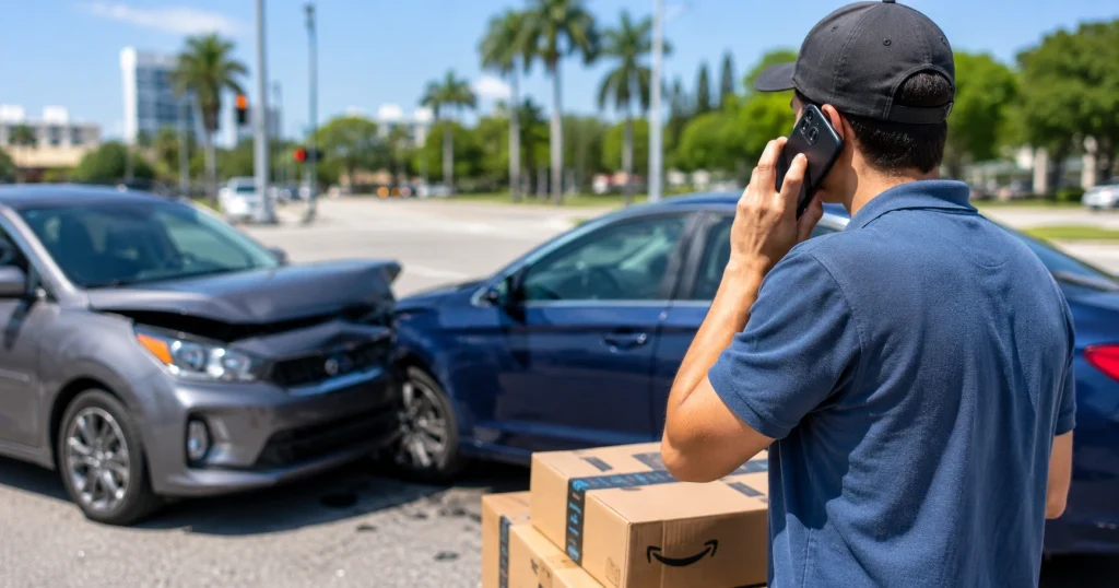 Tampa Amazon Flex accident lawyer reviewing a crash involving a personal delivery vehicle carrying packages in Tampa, for illustrative purposes only.
