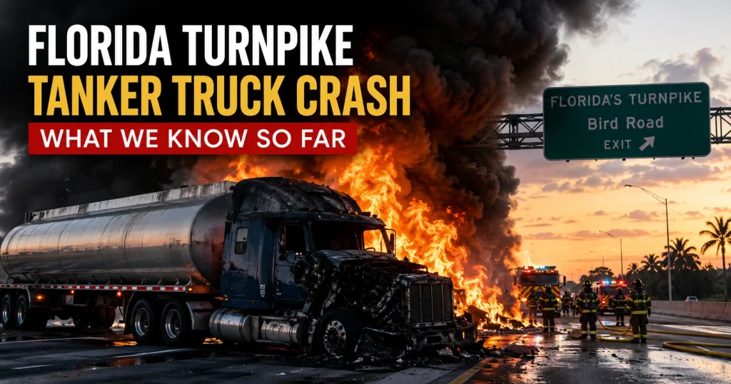 Tanker truck fire on Florida’s Turnpike near Bird Road with emergency crews responding, for illustrative purposes only.