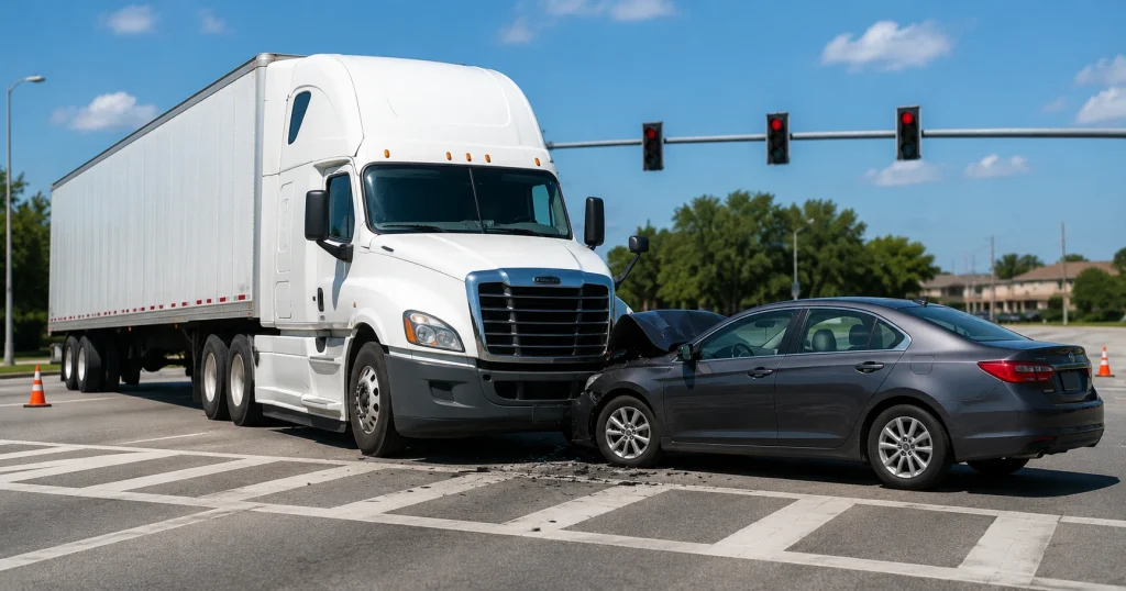 A tractor-trailer and passenger car collision at a generic Florida intersection, for illustrative purposes only.