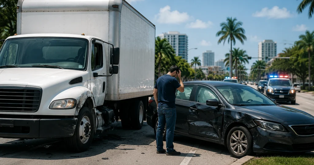 Generic white delivery truck beside a damaged passenger car after a collision on a Tampa street, for illustrative purposes only.