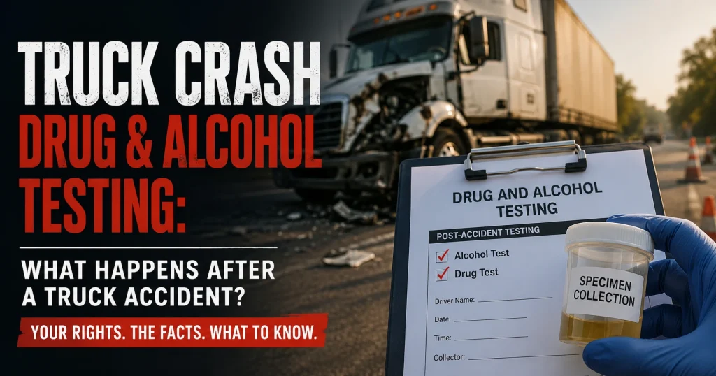 Investigator reviewing post-crash drug and alcohol testing documents near a commercial truck after a Tampa accident, for illustrative purposes only.