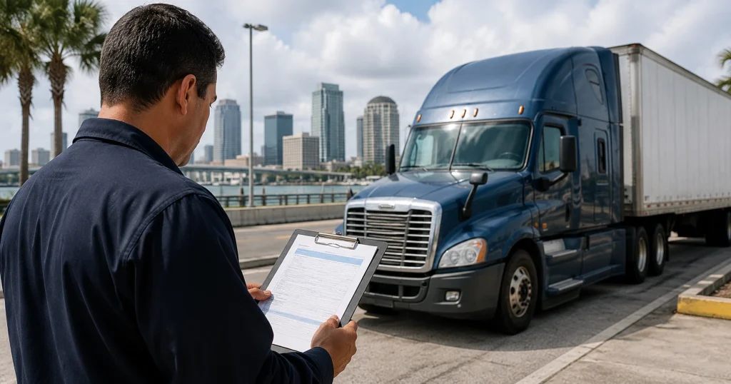 Commercial truck driver reviewing a DOT medical certificate beside a parked tractor-trailer in Tampa, for illustrative purposes only.