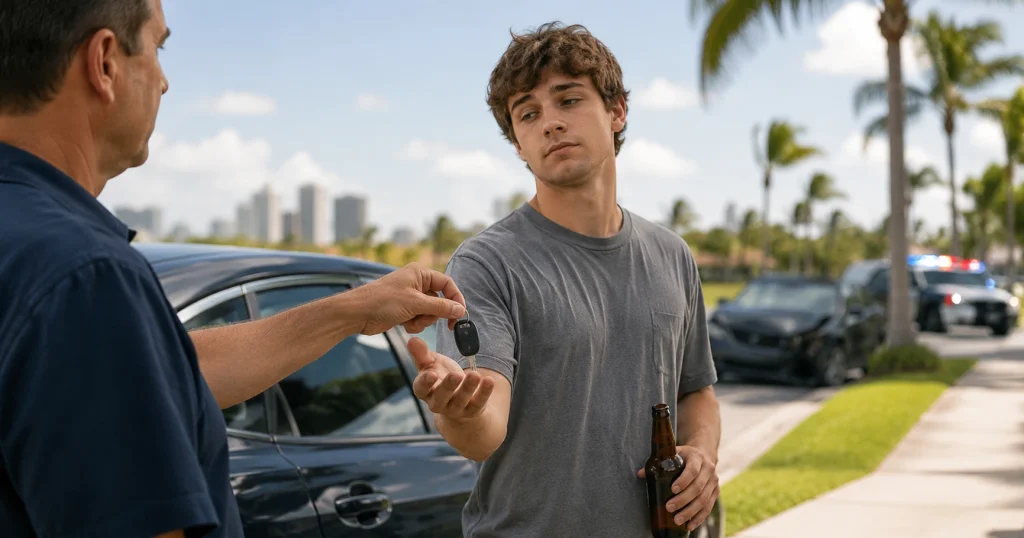 Persona entregando las llaves de un vehículo a un conductor con una botella en la mano, con un auto dañado y luces policiales al fondo en Florida, para fines ilustrativos únicamente.