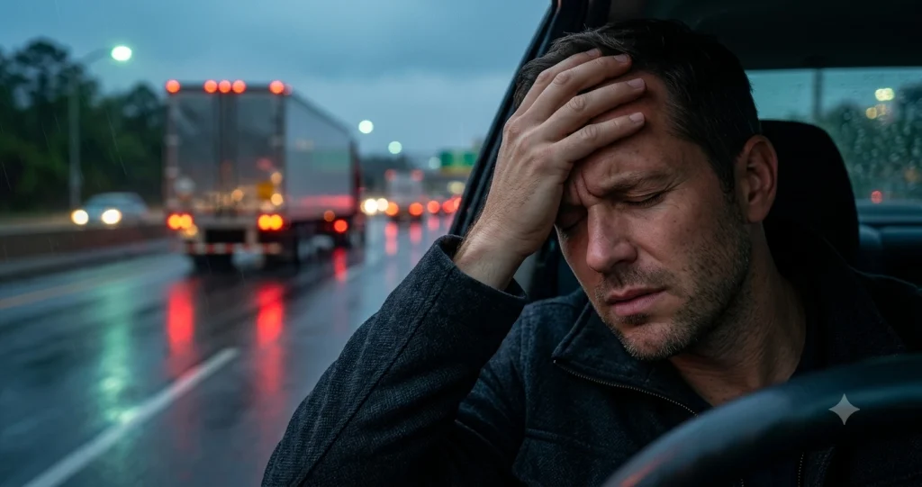 A stressed driver holding his head in pain after a traumatic brain injury from a Florida truck accident on a rainy highway, serving as a featured image for Tampa personal injury firm The Reyes Firm.