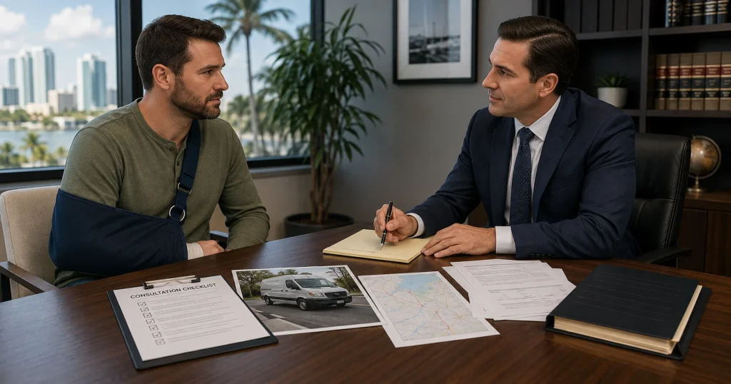 Injured driver reviewing questions with an Amazon truck accident lawyer in Tampa, for illustrative purposes only.